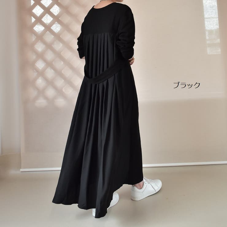 長袖バックプリーツワンピース フレンチスリーブ バックプリーツ[品番