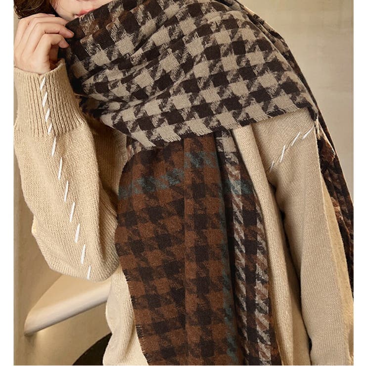 千鳥柄マフラー 大判ストール ボリュームマフラー[品番：XL000003098