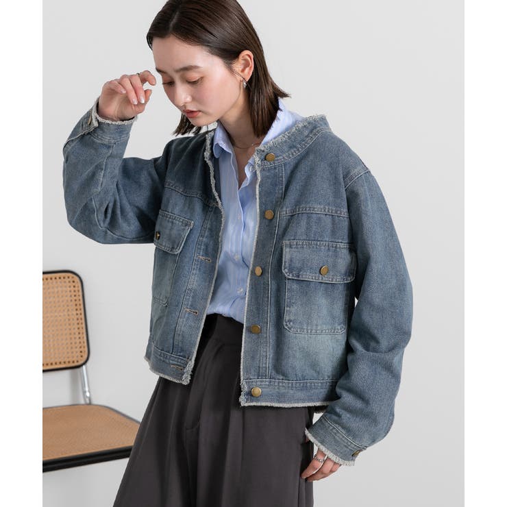 ノーカラーフリンジデニムジャケット[品番：ADEW0004789]｜ad thie