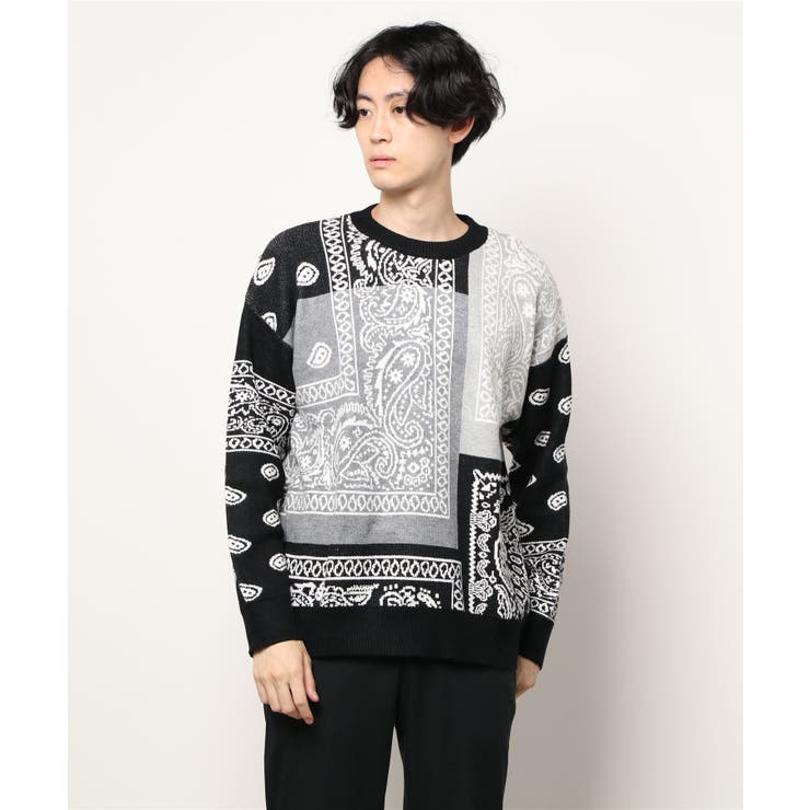 HOOK】バンダナ模様ニット風スウェット ニット メンズ[品番
