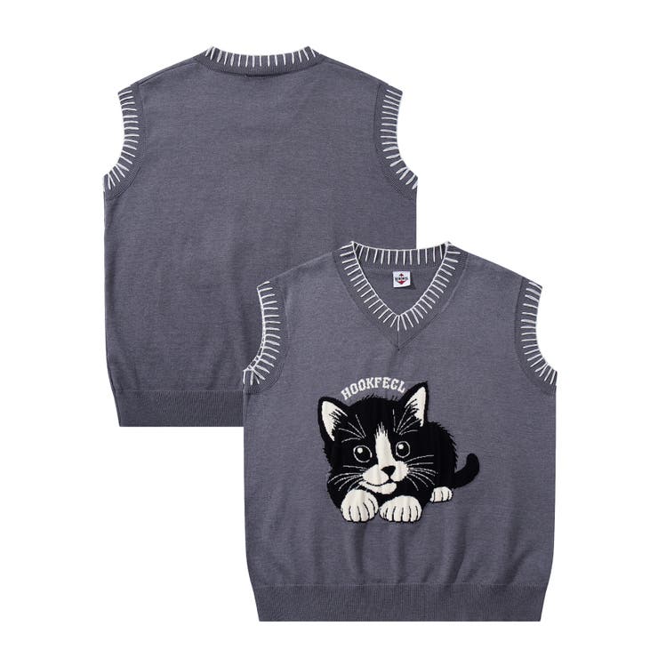 HOOK -original- 猫イラストステッチニットベスト[品番：XT000012540