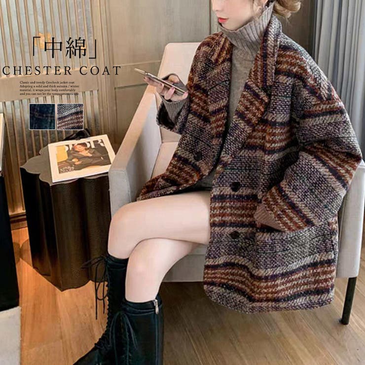 チェック柄 チェスターコート レディース[品番：AGCW0002731