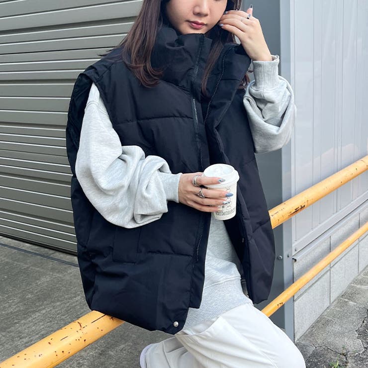 スタンドカラーフェイクダウンオーバーサイズベスト[品番：OUTW0000027