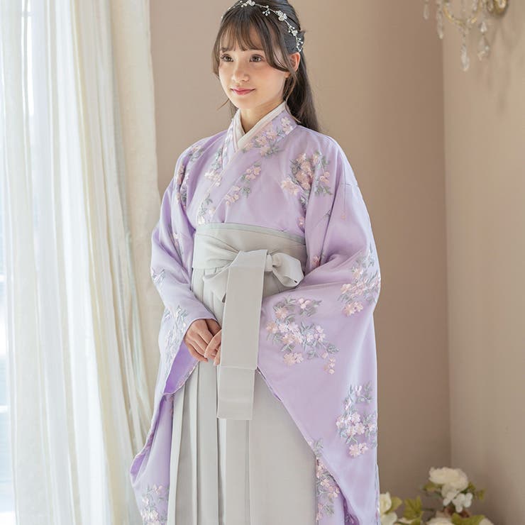 卒業式 花刺繍チュールレース 袴一体型着物ワンピース[品番