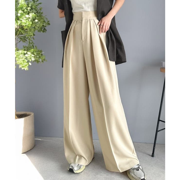 さらっと美脚。細見え2インタックハイウエストワイドスラックスパンツ