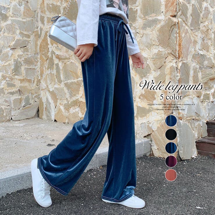 ワイドレッグパンツ ベルベット ベロアセミワイドパンツ レディース