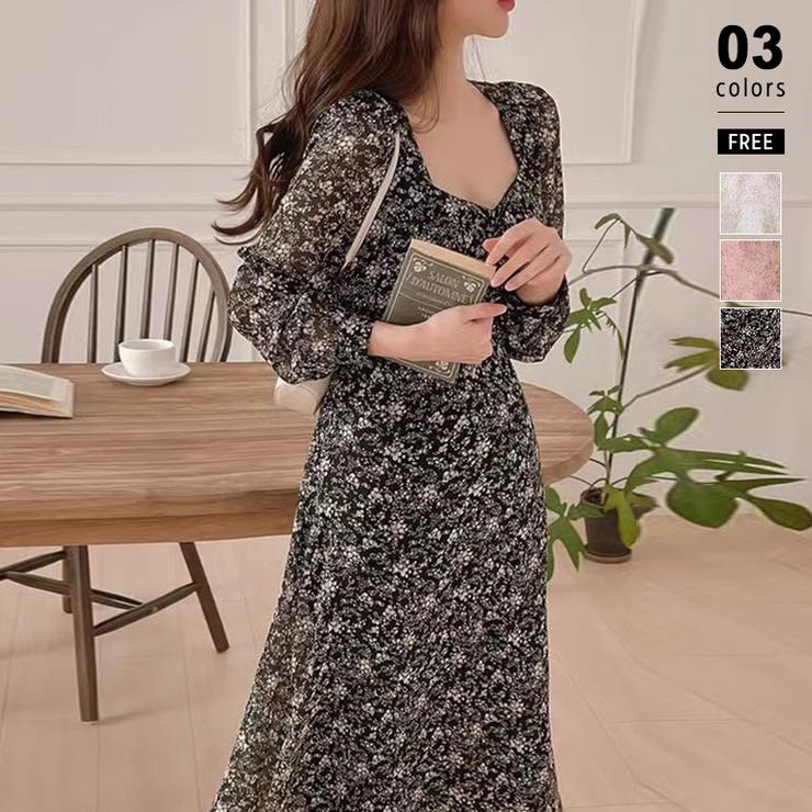 花柄ワンピース 長袖シフォン 大人可愛い[品番：COCW0005822