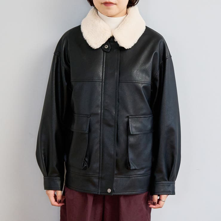 ボア襟付きレザーライクヴィンテージブルゾン[品番：COEW0007631