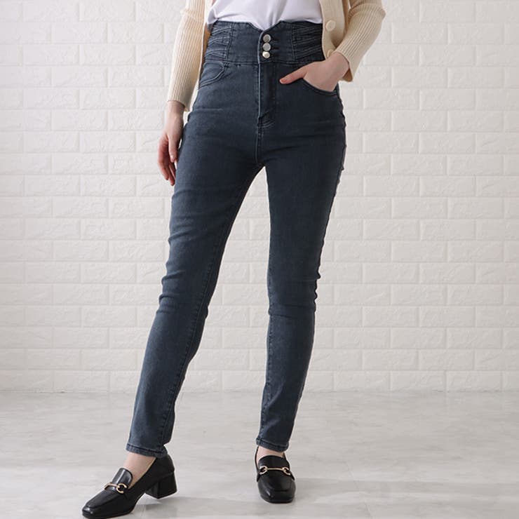 ハイウエスト3ボタンストレッチスキニーパンツ 女性 レディース[品番