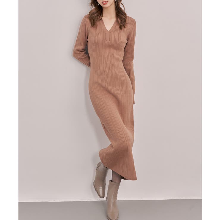 ベルト付きジョニーカラーランダムリブ編みニットワンピース[品番