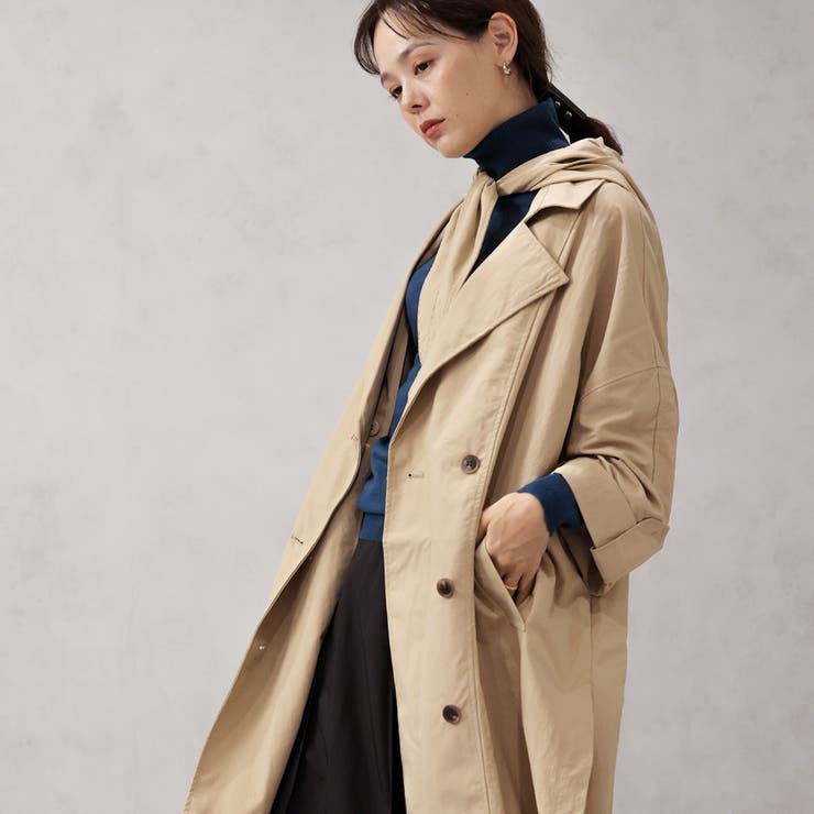 撥水加工2WAYフード取り外しトレンチコート[品番：FNBW0000742