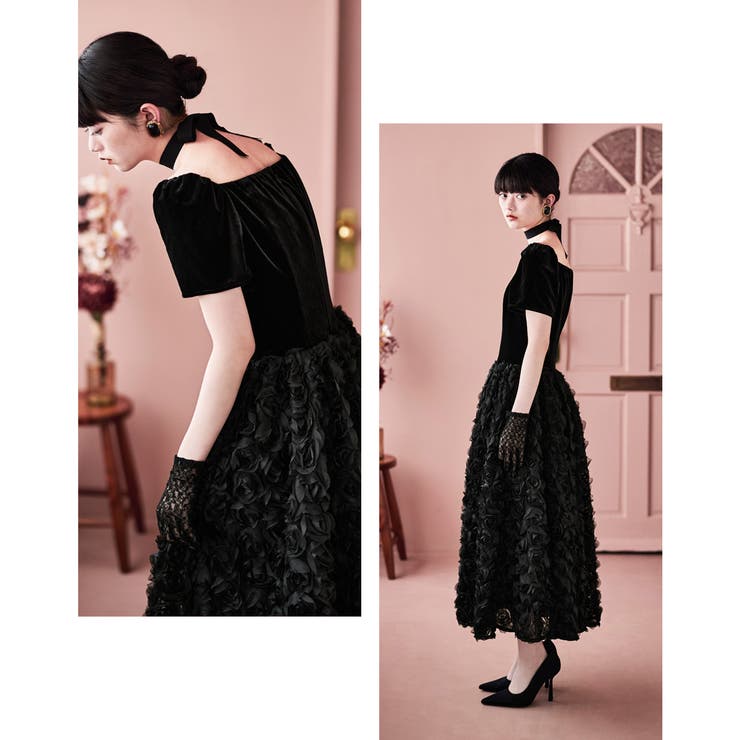 etoll エトル ベロアロゼットフレアドレス[品番：FT000010311