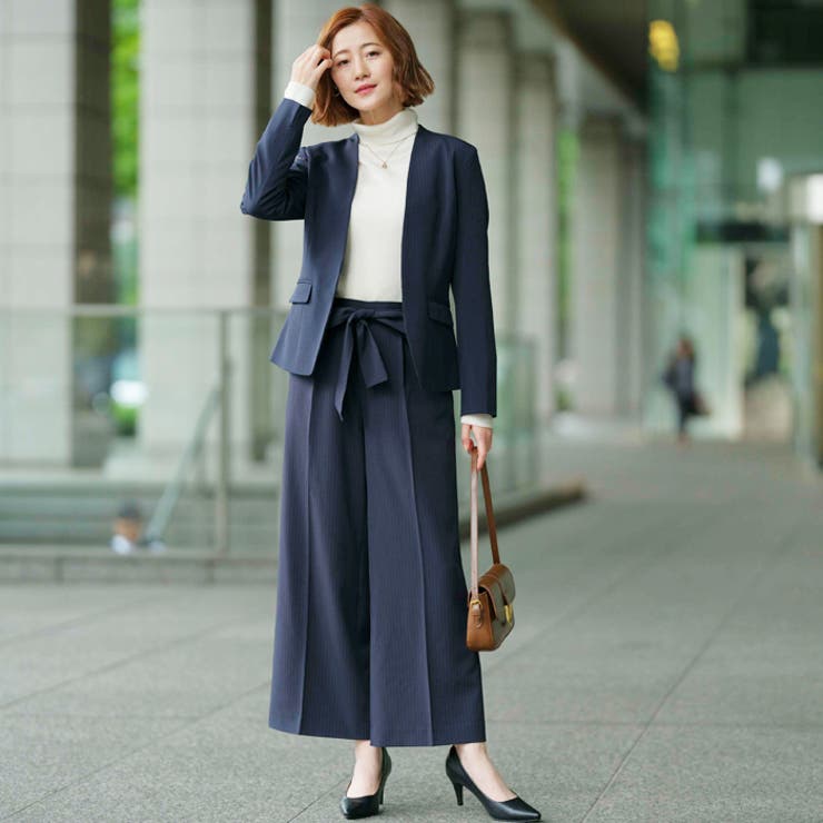 2点セット】洗えるノーカラーワイドパンツスーツセットアップ[品番