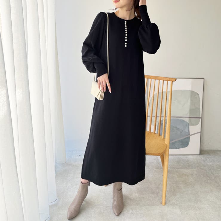 前後2WAYパール使いニットワンピース[品番：GERW0010532]｜GeeRA