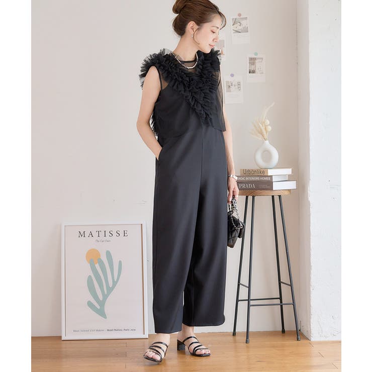 チュールフリルベスト×リネンタッチ オールインワン セットアップ[品番