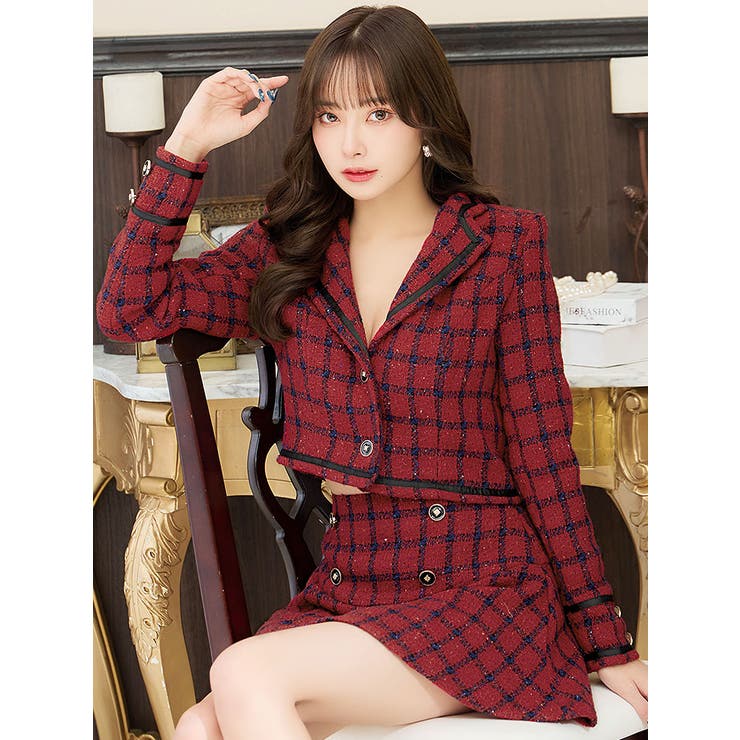 ジャケットチェックバーガンディセットアップワンピース 谷間見せ 背中