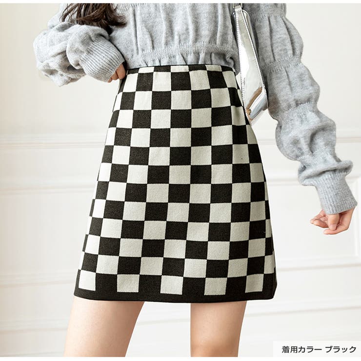 ニットスカート ブロックチェック柄 ミニスカート[品番：JCSW0000830
