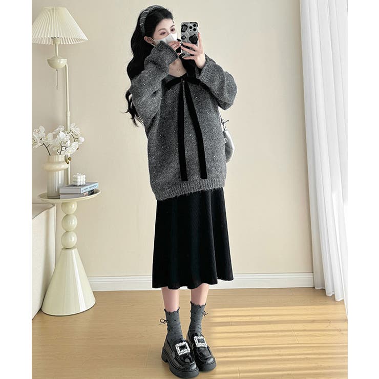 ベロアリボン付きスパンコールニットプルオーバー トップス ニット