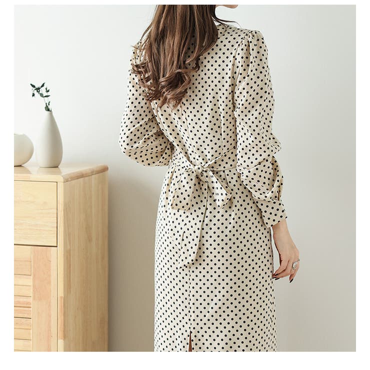 ドット柄ワンピース 長袖 パフスリーブ[品番：LGMW0004783]｜La-gemme