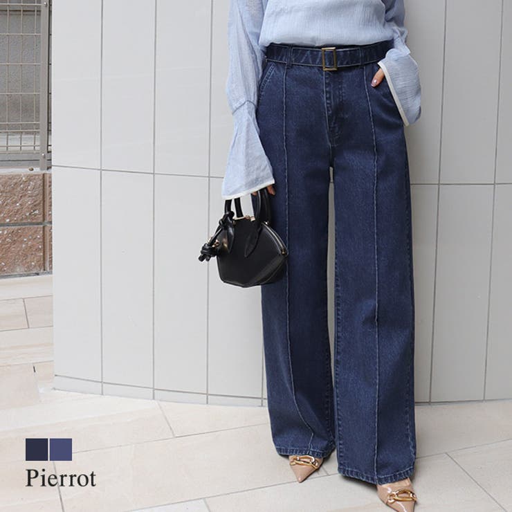 ベルト付きピンタックセミワイドデニム デニム ベルト[品番