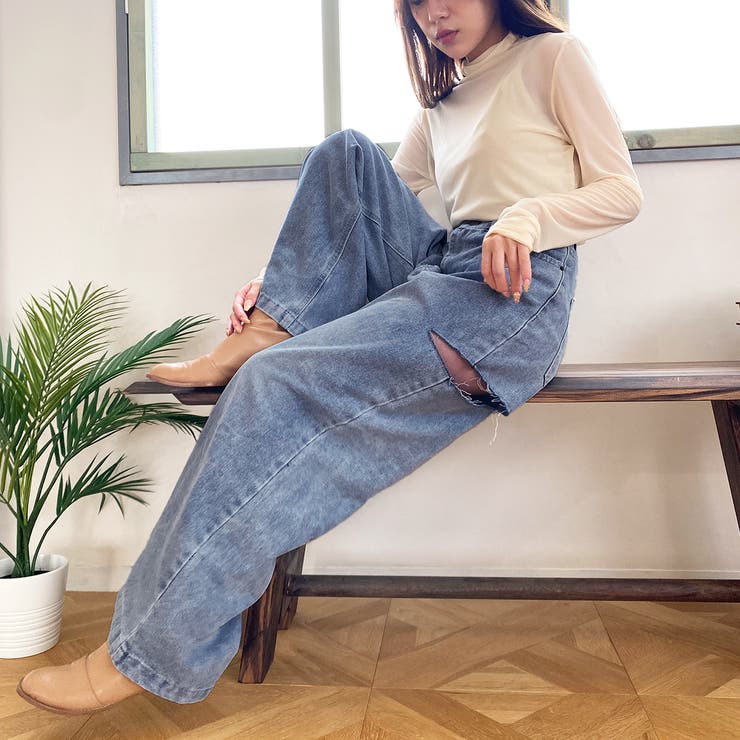 脇破れ加工デニムストレートパンツ[品番：PVBW0008458]｜privatebeach