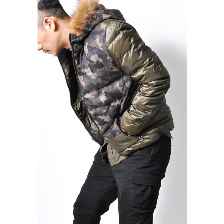 フード付リアルファー 迷彩ダウンジャケット メンズ[品番：RSCM0000663