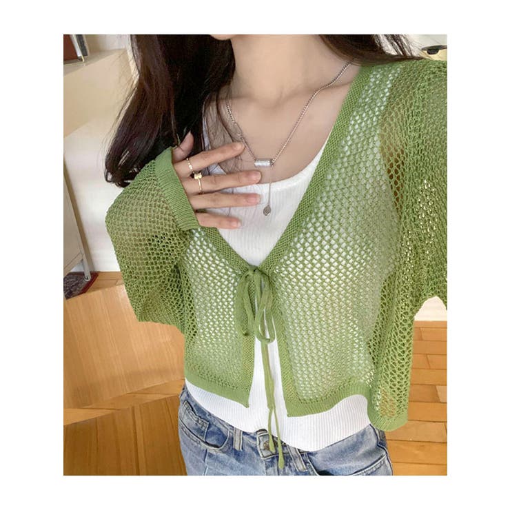 メッシュニットカーディガン長袖 クロップド丈 全4色[品番