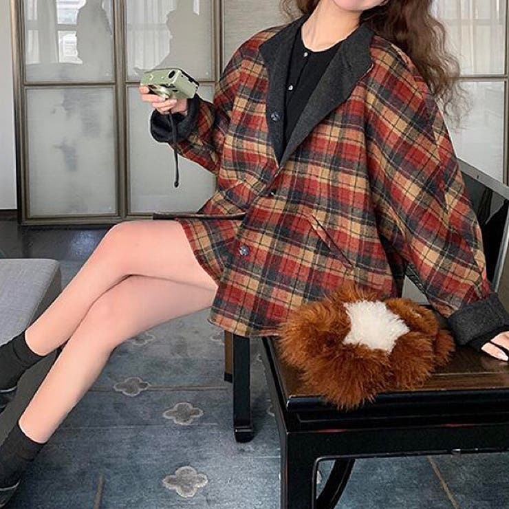 セットアップ】チェック柄ウールライクオーバージャケット×ミニ