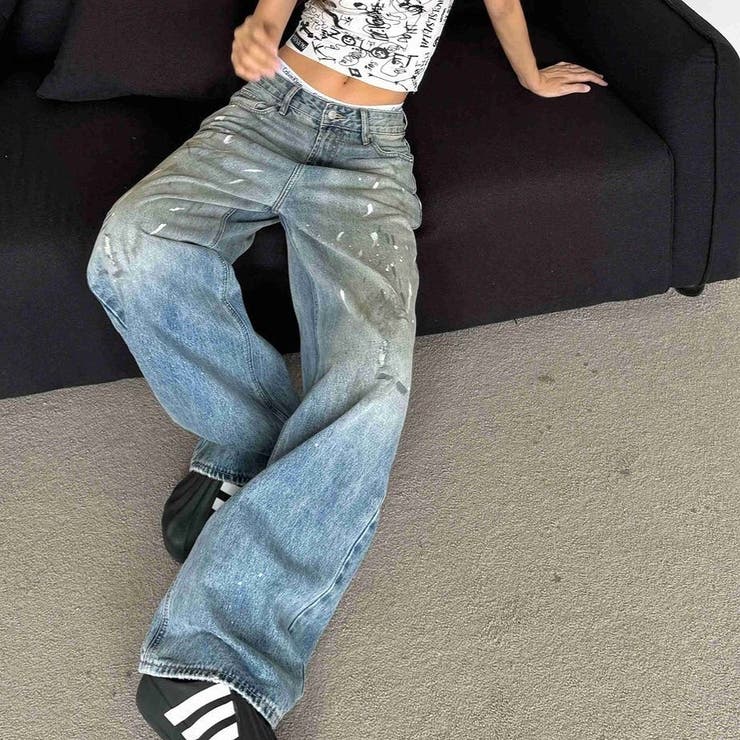 ペイント加工デニムワイドパンツ 春 夏[品番：SHNW0011384]｜SHEENA