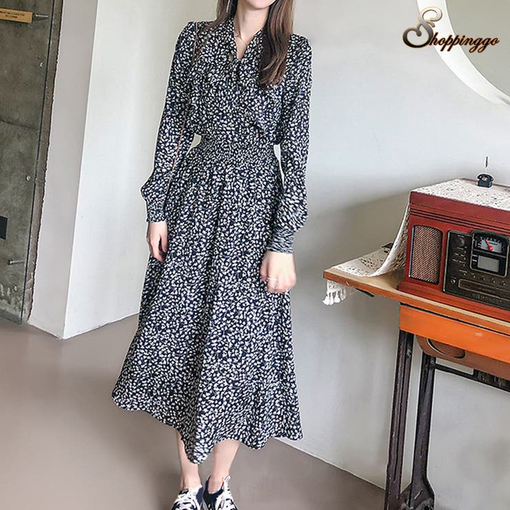 ロングフレアワンピース 花柄 長袖[品番：JRKW0004706]｜shoppinggo