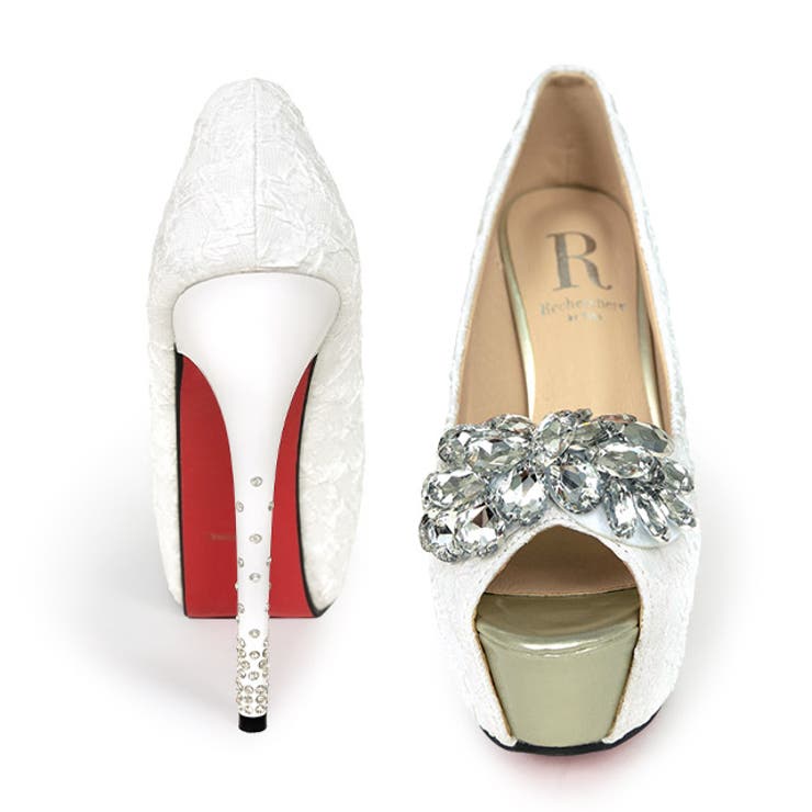 ビジューパーツレースハイヒールオープントゥパンプス キャバパンプス