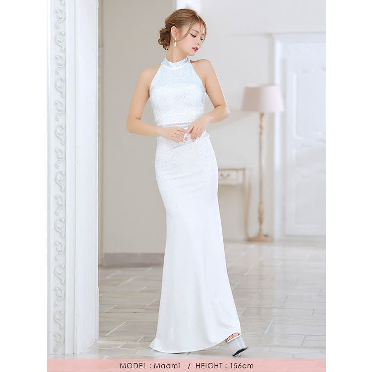 ビジューストーン×ホルターネックスリットタイトロングドレス セクシー