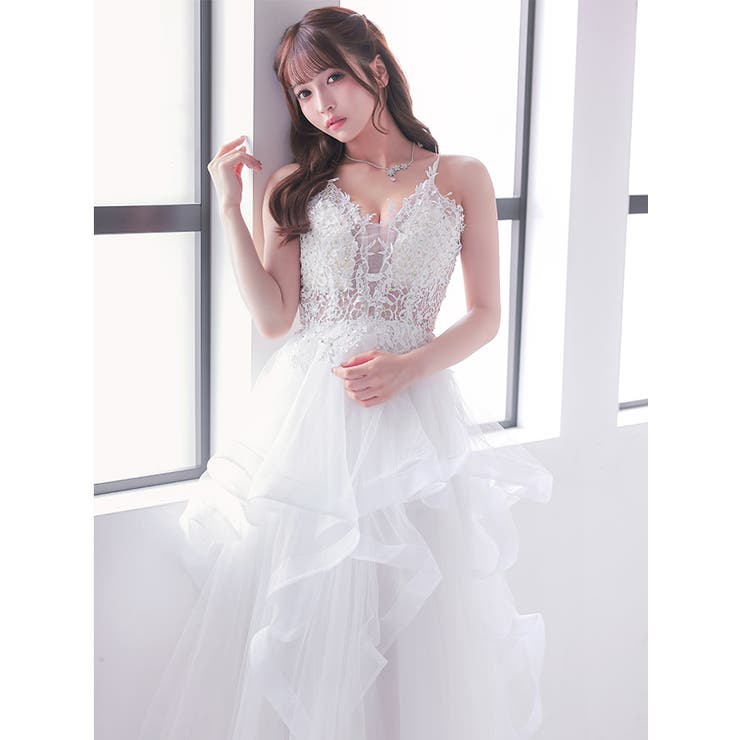 フリルボリュームチュール×バックシャンコードロングドレス セクシー