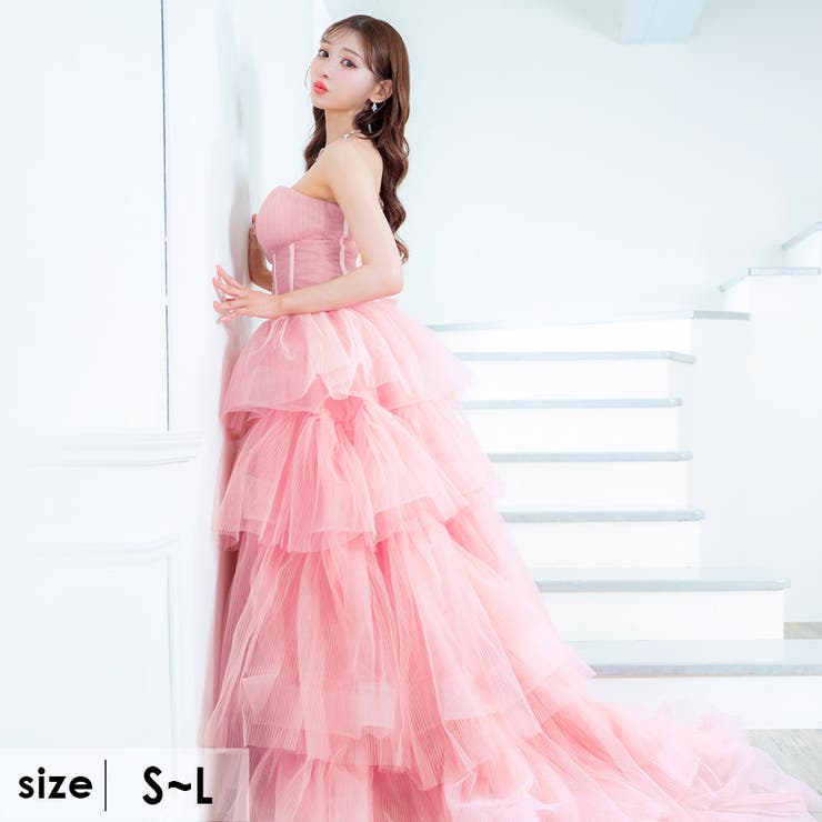 4段フリルボリュームスカートベアロングドレス イベントドレス