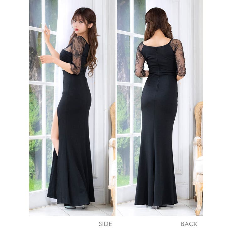 シースルー七分袖タイトロングドレス セクシードレス 袖あり[品番