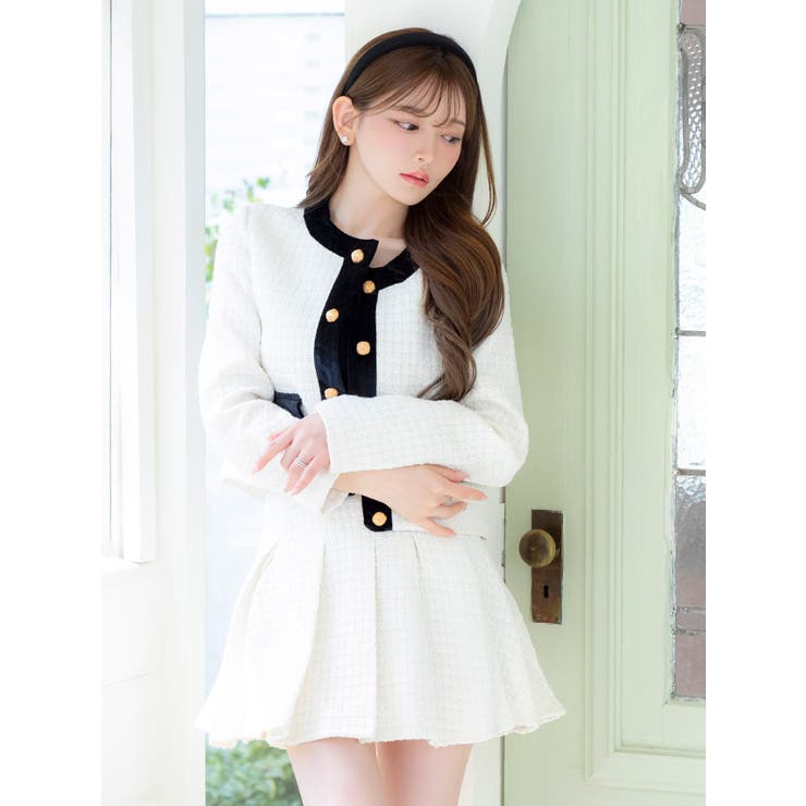 ノーカラーツイードセットアップミニスカスーツ カジュアルスーツ