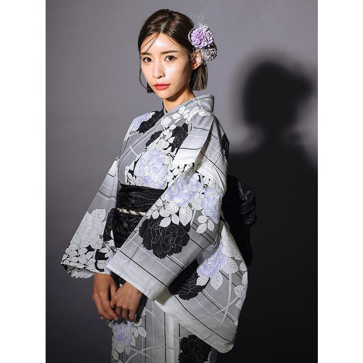 モノトーンローズ×変わり縞ゆかた3点セット 浴衣セット レディース浴衣