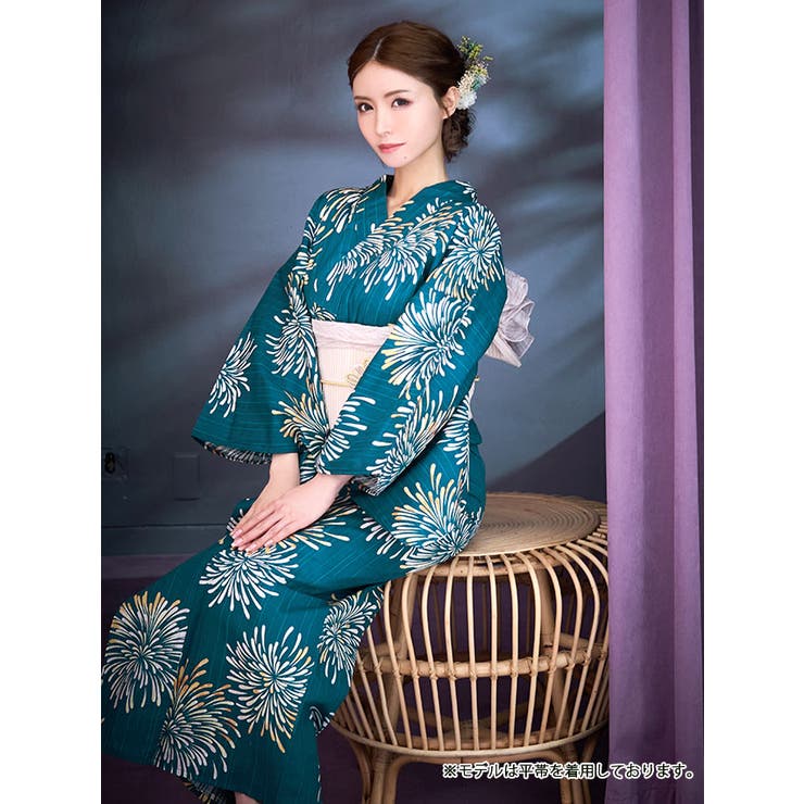 ターコイズ×クリーム大輪花火柄浴衣3点セット 作り帯 下駄[品番