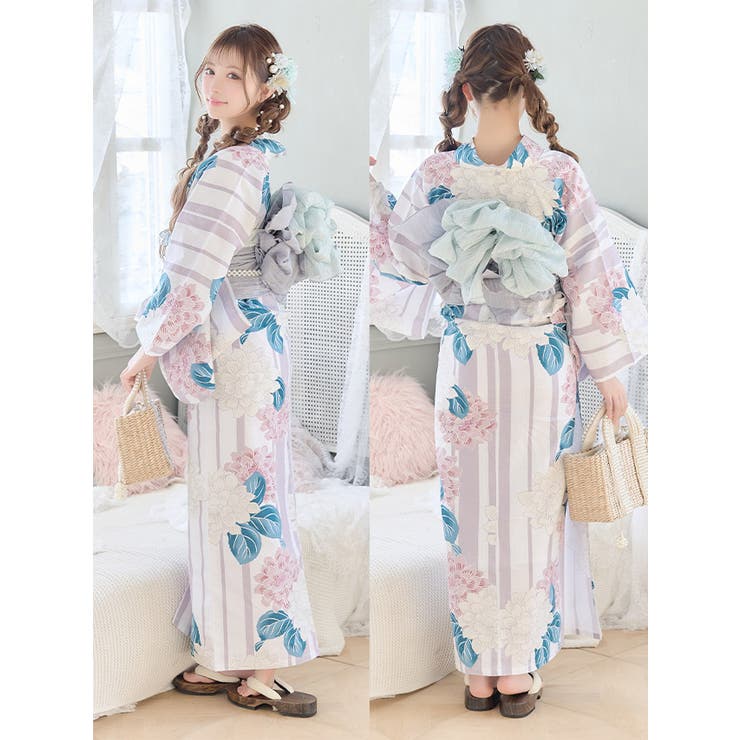 変わり縞×鮮やか大輪ダリア柄浴衣2点セット 浴衣セット レディース浴衣