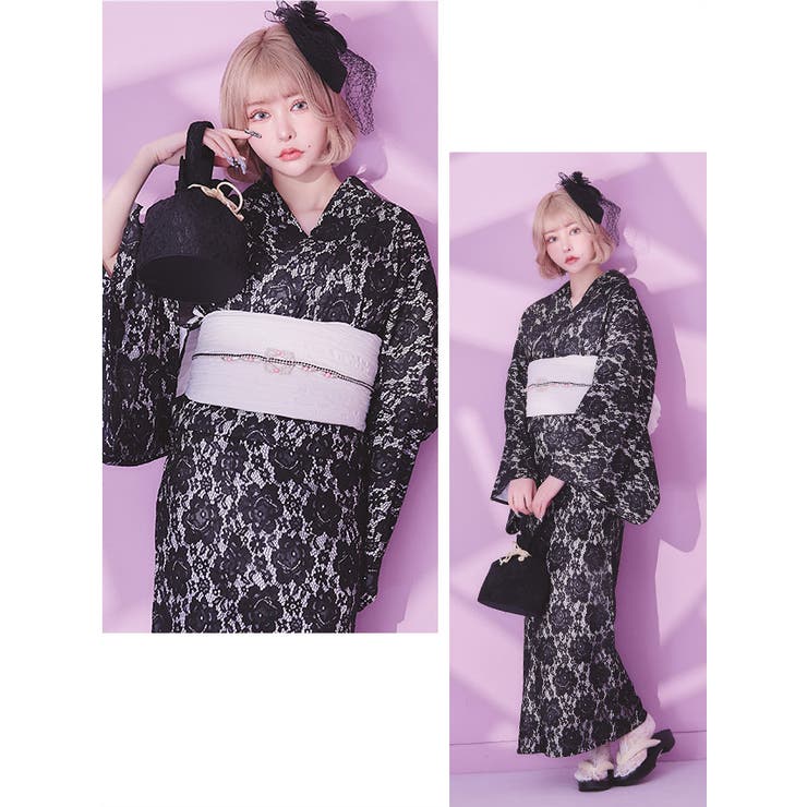 モノトーンフラワー総レース浴衣3点セット 浴衣セット レディース浴衣