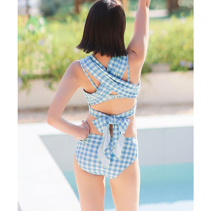 ギンガムチェック柄 スカート付き ロールビキニ 水着[品番