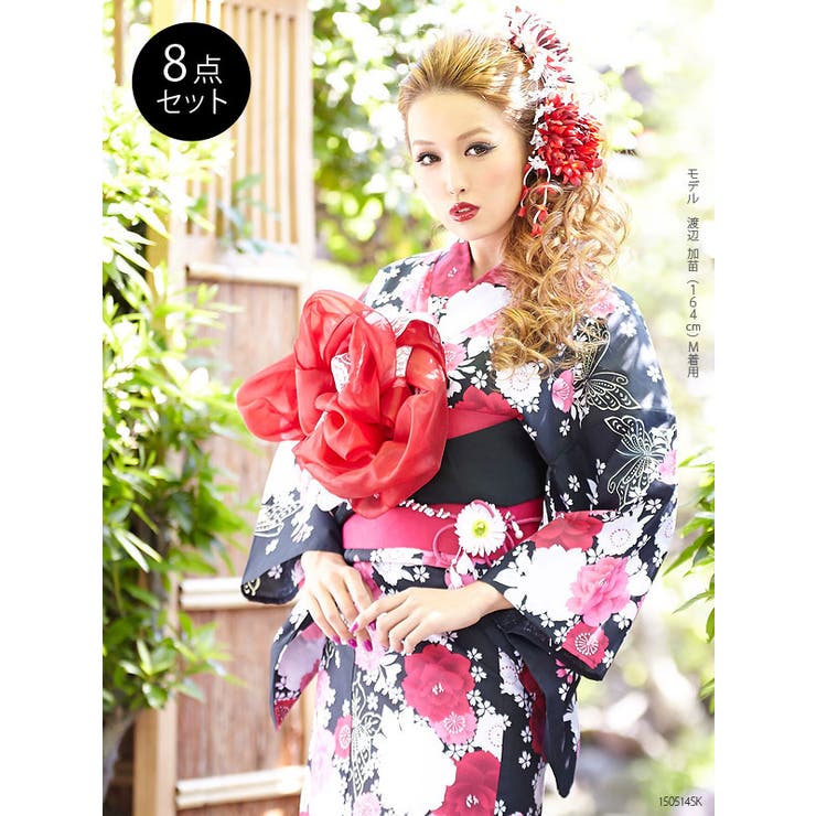 黒地にゴージャス可愛い蝶々×薔薇柄高級平織8点浴衣セット DB LX[品番