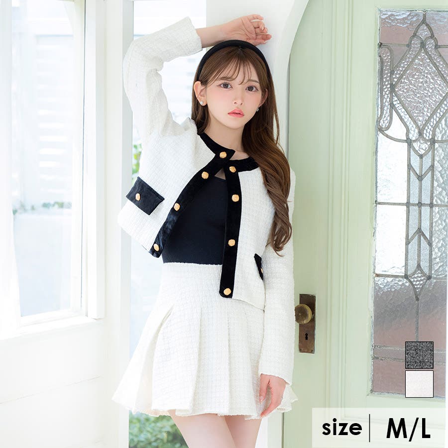 ノーカラーツイードセットアップミニスカスーツ カジュアルスーツ