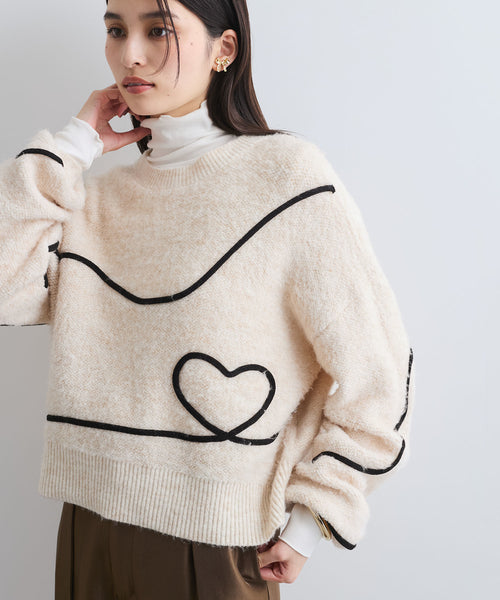 新色追加】【洗える】ハート＆リボンコード刺繍ニットプルオーバー