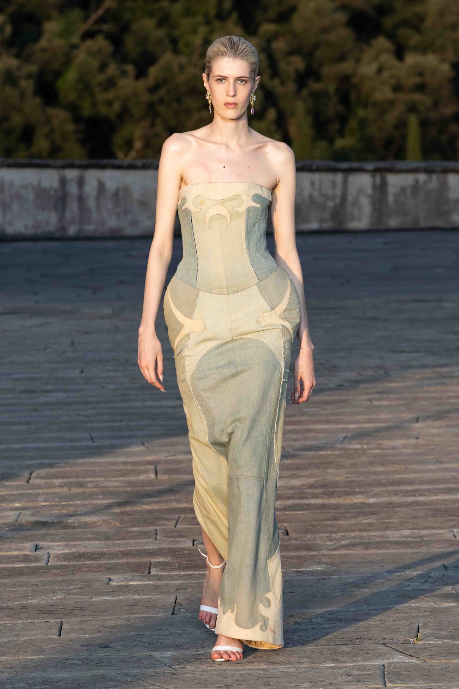 REGENERATED DENIM AND LEATHER BUSTIER DRESS • Marine Serre