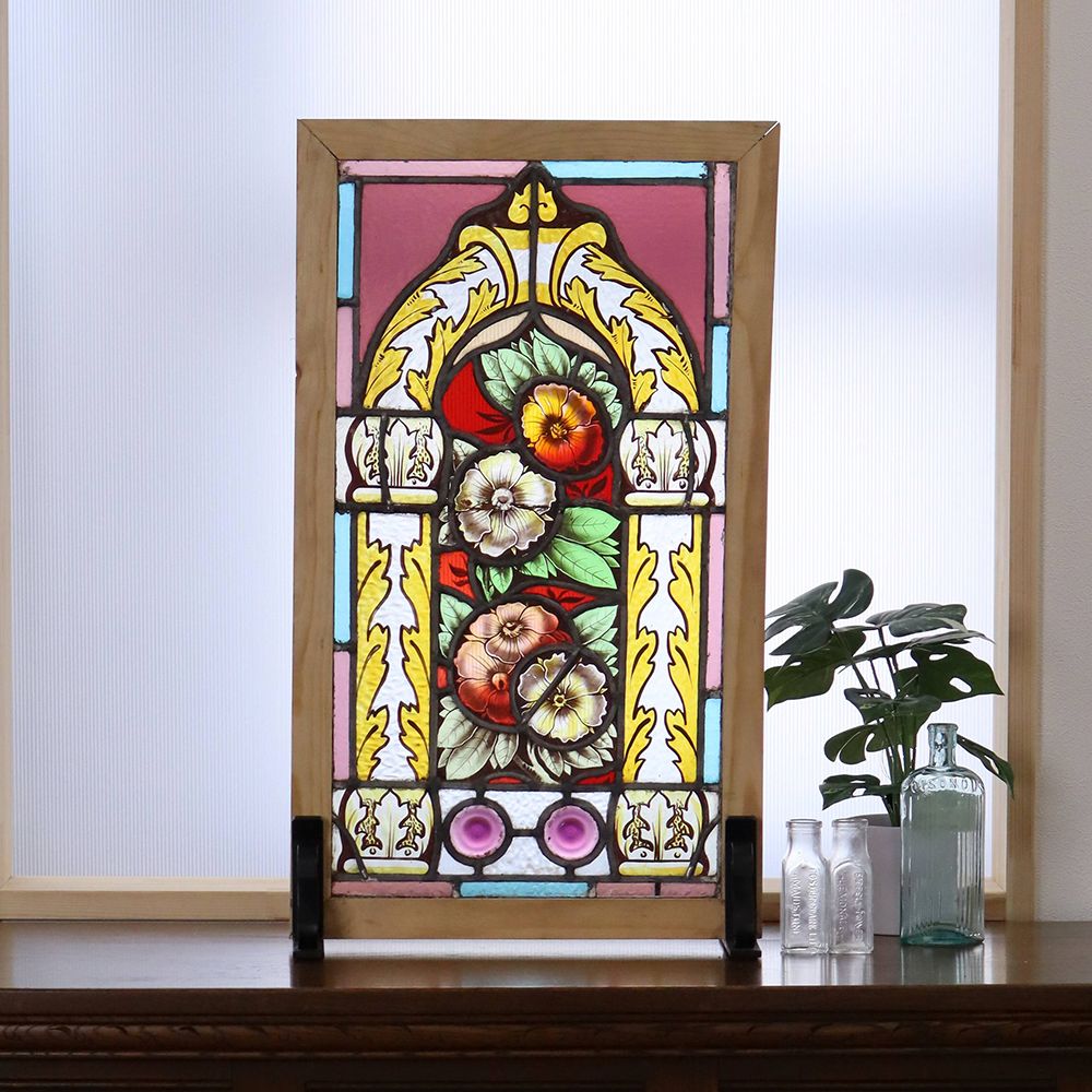 美しい色使い♪ 英国アンティーク・ステンドグラス（絵付け） VC112