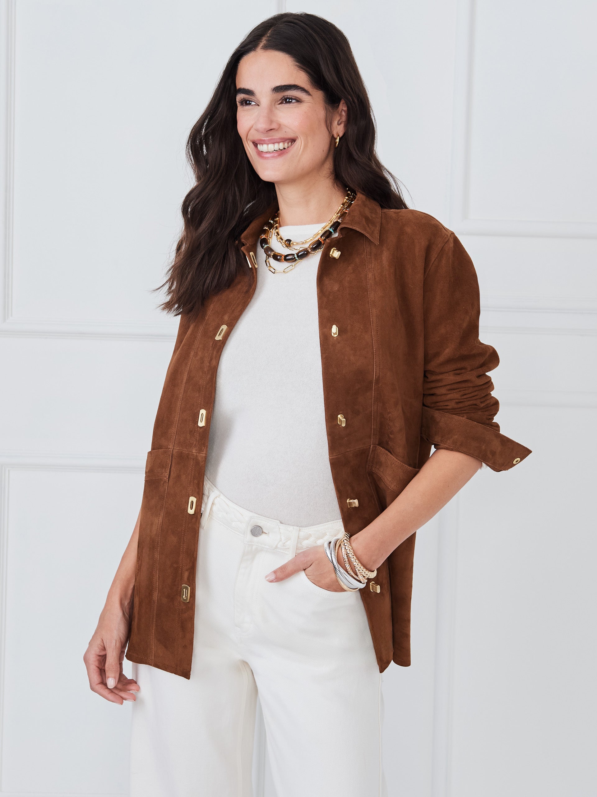 Coffee Solid Kavya Suede Jacket | Women's Jackets & Outerwear | J