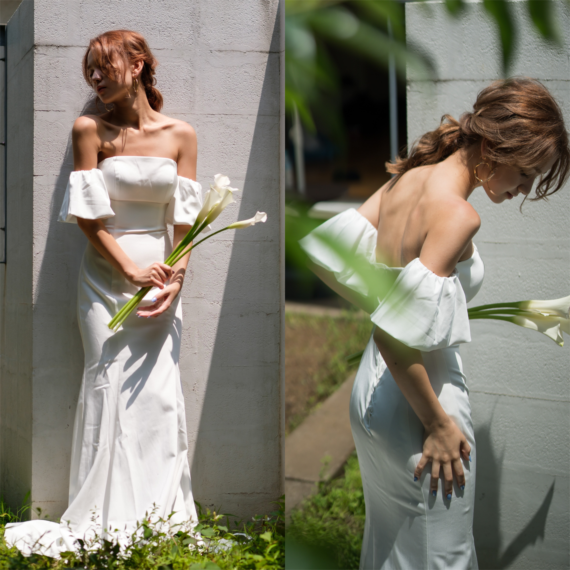 オフショルダー ボリューム袖 サテン ソフトマーメイドドレス（W225）