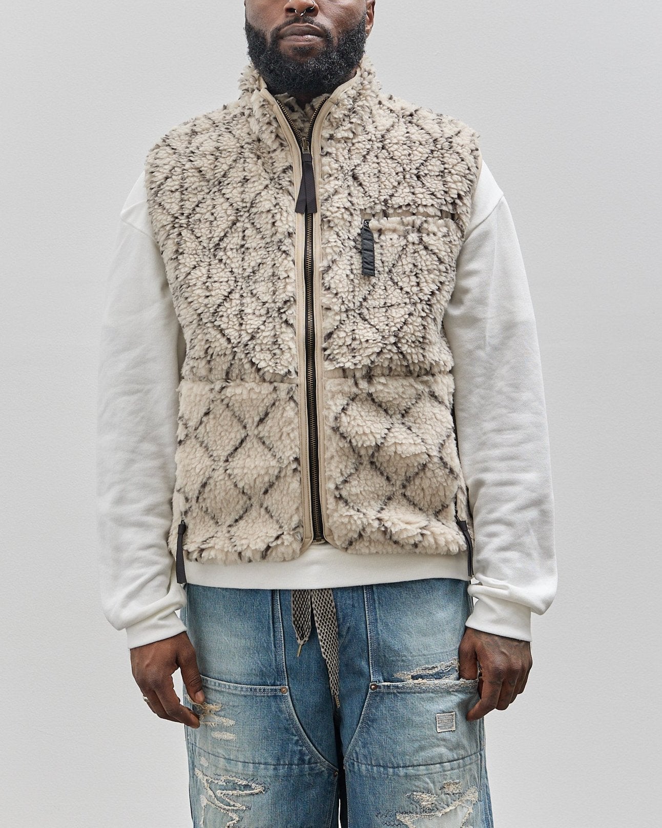 Kapital Do-Gi Sashiko Boa Fleece Reversible Vest, Ecru – Glasswing