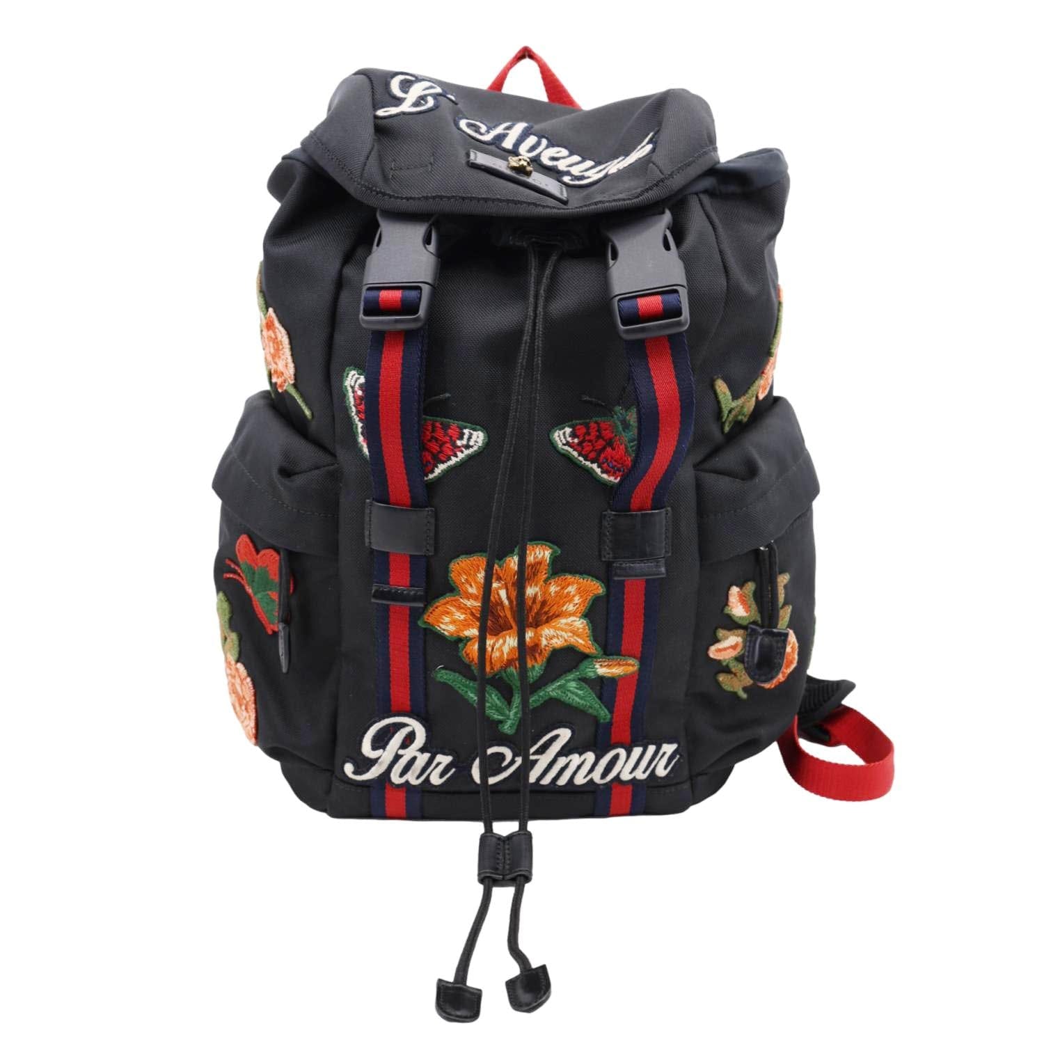 GUCCI L'Aveugle Par Amour Embroidered Techno Web Canvas Backpack Black